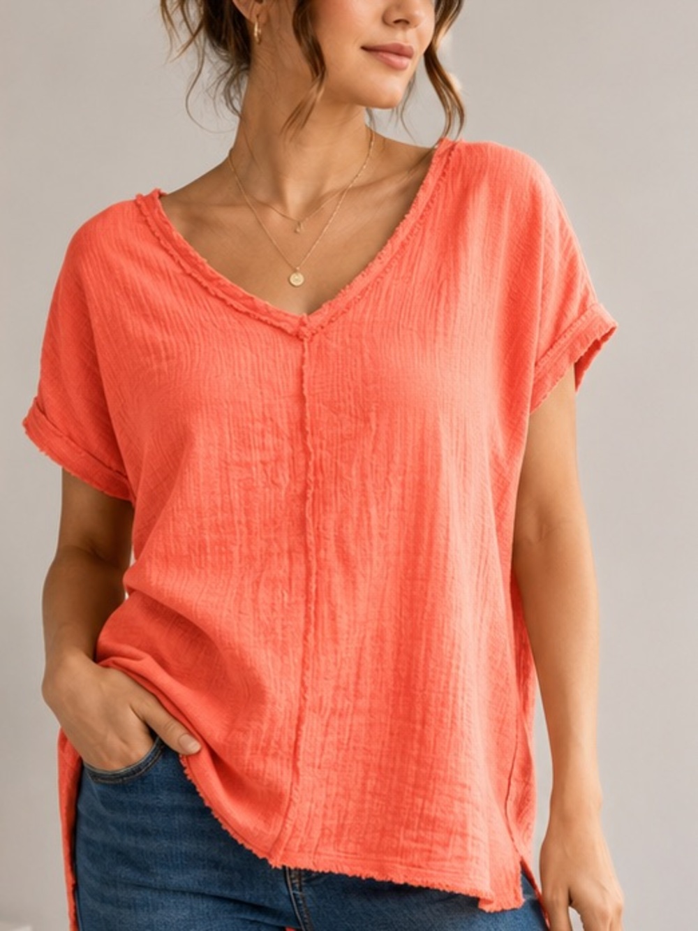 LA MIEL Coral Textured Short-Sleeve Tunic